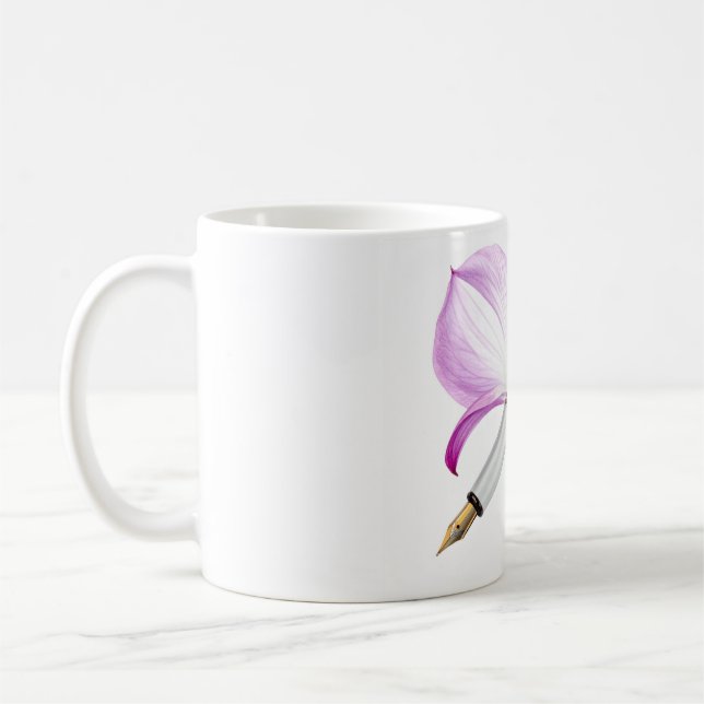 Mug stylo blanc avec ruban rose (Gauche)