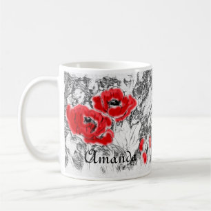 Mug Stylo dessiné à la main des pavots rouges fleurs f