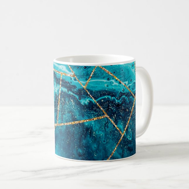 Mug Stylo Marine Blue Gold Agate Géode Chic Monogramme (Devant droit)