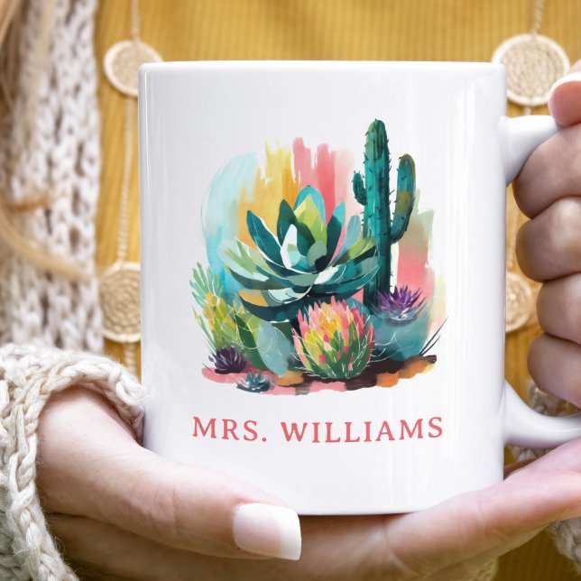 Mug Succulents Abstraits Nom personnalisé Monogramme (Créateur téléchargé)