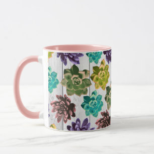 Mug Succulents rustiques tendance et planches en bois 