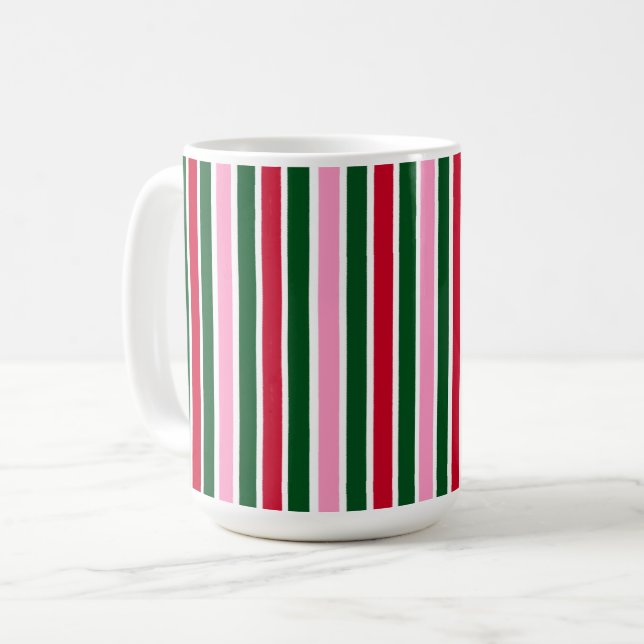 Mug Sucre de canne de Noël rayures en rose vert et rou (Devant gauche)