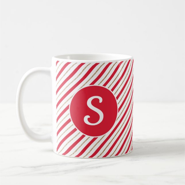 Mug Sucre de canne Red Faux Gold Stripes Monogramme Mu (Gauche)