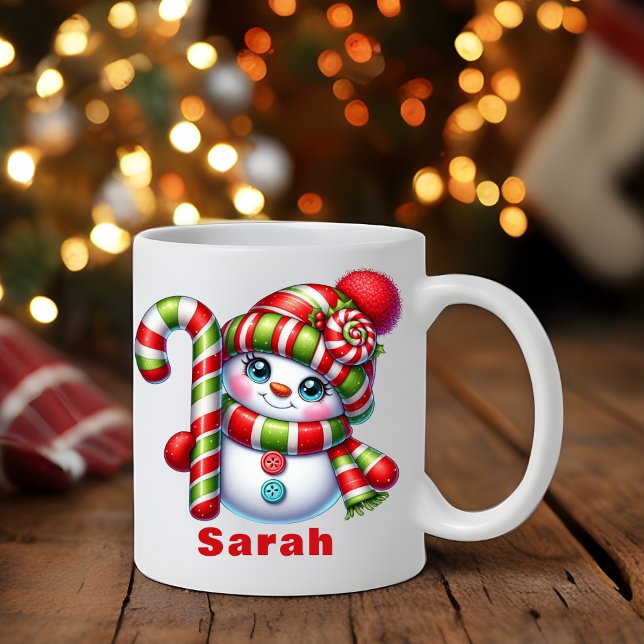 Mug Sucre de canne Snowman Christmas Nom personnalisé (Candy Cane Snowman Christmas Custom Name Coffee Mug
)