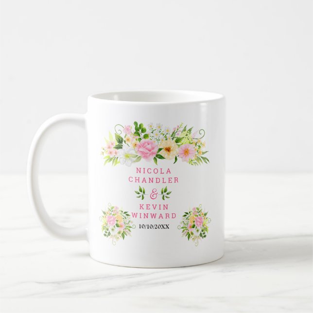 Mug Summer Pink and Yellow Flowers and Foliage Wedding (Gauche)