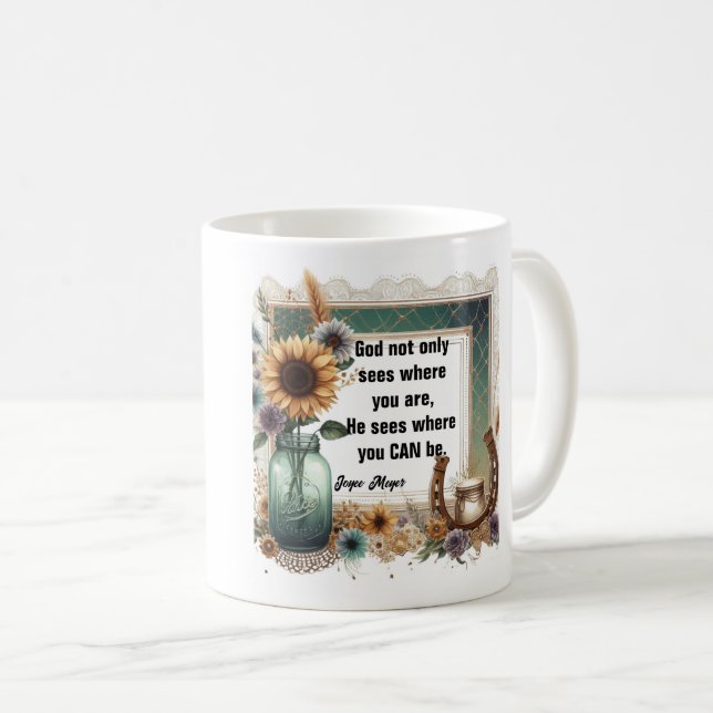 Mug Sunflower Boot Mug, "God Sees Where You Can Be" (Devant droit)