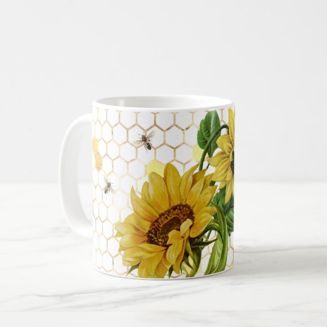 Mug Sunflower Yellow Honeycomb Bees Gold (Devant gauche)