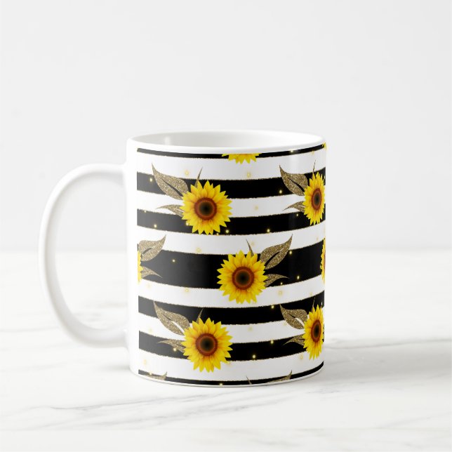 Mug Sunflowers with Black and White Horizontal Lines (Gauche)
