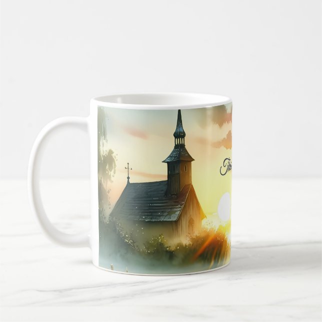 Mug Sunrise Church with Birds in Misty Meadow Text (Gauche)