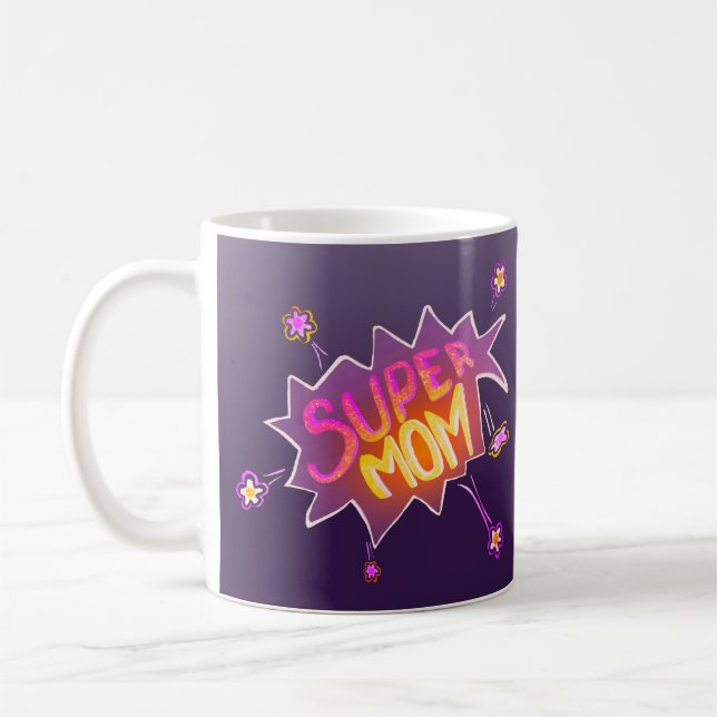 Mug Super Maman Fleur Néon Bande Dessinée Bulle Fête d (Gauche)