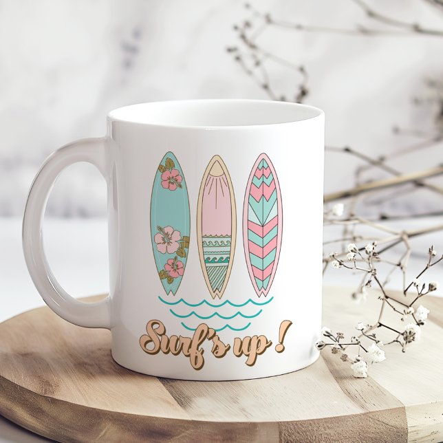 Mug Surf Retro Pastel (Retro Pastel Surfboards Coffee Mug on a sunny boho wooden kitchen table with tiny white flowers)