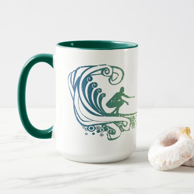 Mug Surfeur cool sur les vagues de l'océan bleu sarcel (Avec donut)