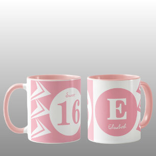 Mug Sweet 16 monogramme nom rose et blanc