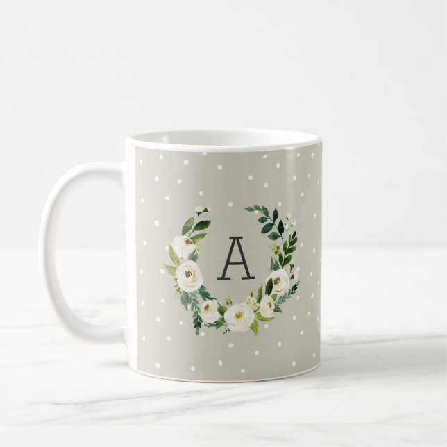 Mug Sweet Greenery Wreath and Greige Dots Monogramme (Gauche)