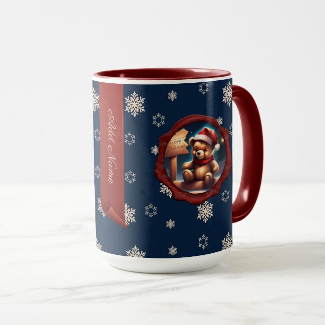 Mug Symbole Noël Teddy Bannière personnalisée Bleu (Devant droit)