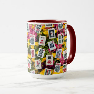 Mug Symboles de mahjong sur fond de fleurs sauvages