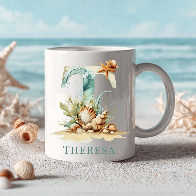 Mug T initiale de monogramme côtier personnalisé Plage (Personalized Coastal Monogram T Initial Beach Coffee Mug
)