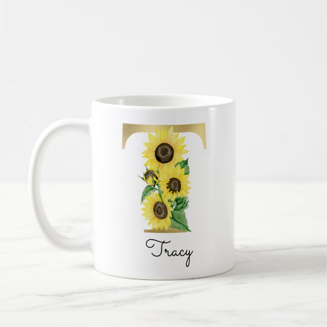 Mug T initiale florale tournesol or personnalisée (Gauche)
