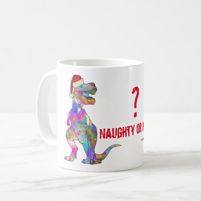 Mug T Rex Festive Dinosaur Drôle Naughty ou Nice Citat (Devant gauche)