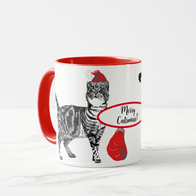 Mug Tabby Chat Noël Chats Rouge Blanc Drôle (Devant gauche)