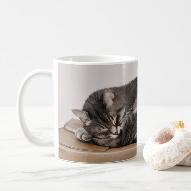 Mug Tabby Cut Gris Chat Dormir Sur Boîte (Avec donut)