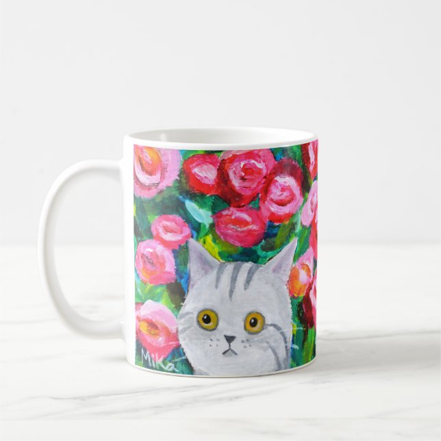 Mug Tabby Gris Chat Avec Jolies Fleurs Chat Artistique (Gauche)