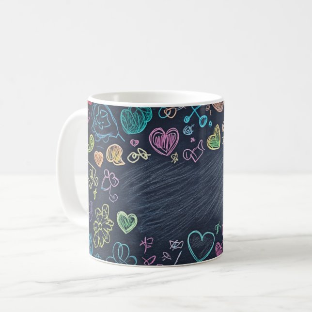 Mug Tableaux noirs et craies en arrière-plan. Style en (Devant gauche)