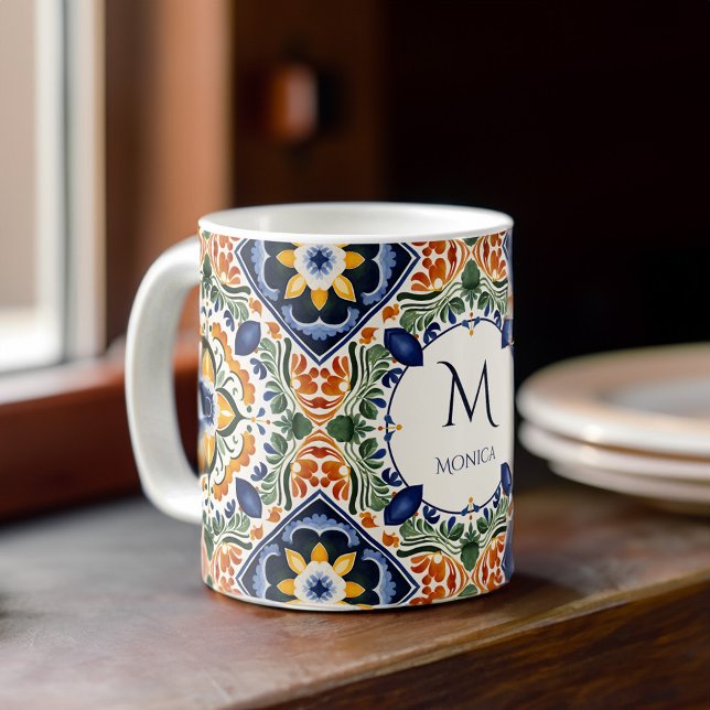 Mug Talavera Azulejo Monogramme vintage de carreaux (Talavera Azulejo vintage tiles monogram personalized Coffee Mug bridesmaids gifts wedding favors)