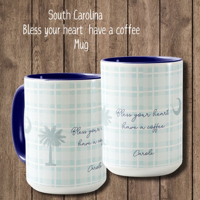Mug Tapis de Caroline du Sud avec palmier et lune (Bless Your Heart, Have a Coffee mug. Personalize to make it your own. South Carolina Flag with plaid)