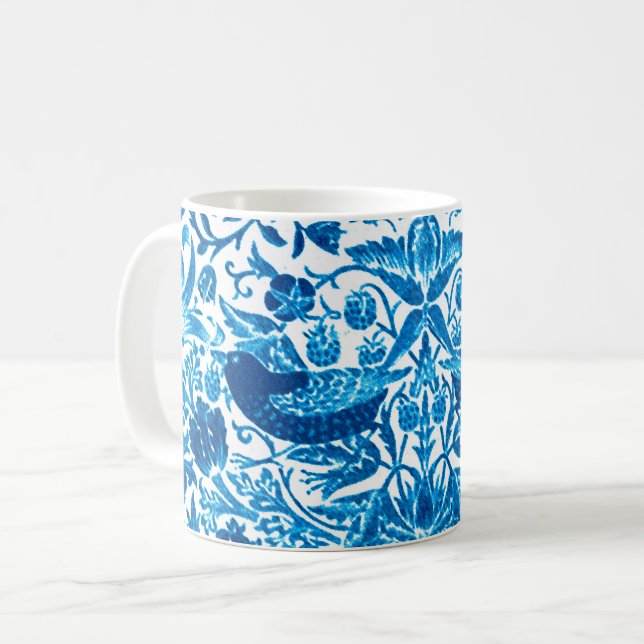 Mug Tapisserie Art Nouveau Oiseau et Fleur, Bleu & Bla (Devant gauche)