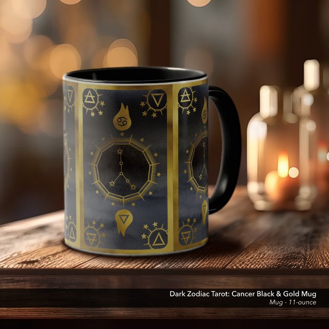 Mug Tarot Zodiac foncé : Cancer Noir & Or (Dark Zodiac, Tarot, and Alchemy Mug: Cancer in Black & Gold)