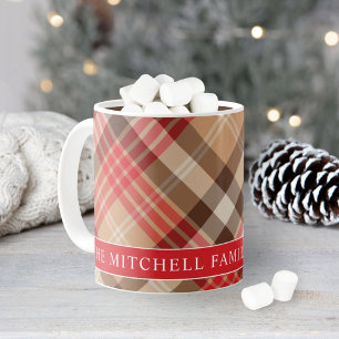 Mug Tartan à carreaux rouge et bronzé Monogramme de fa