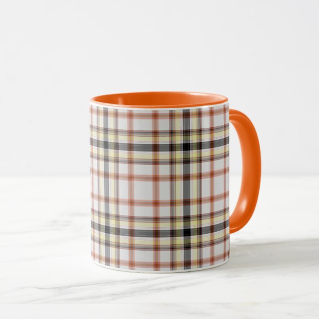 Mug Tartan blanc noir orange jaune (Devant droit)