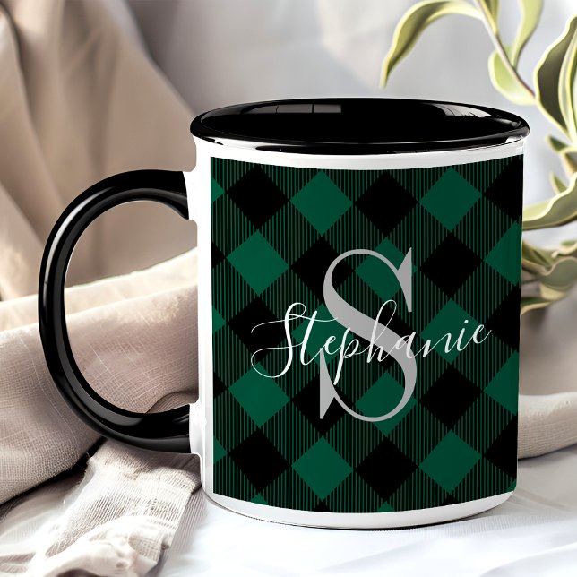 Mug Tartan Vert Buffalo Nom Monogramme Rustique (Créateur téléchargé)