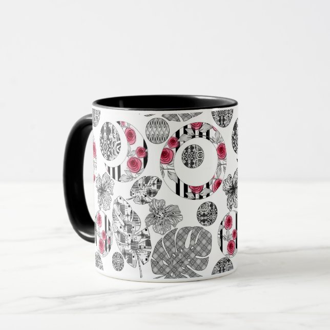 Mug Tasse, Rouge et Noir, Broderie, Patchwork, Rustiqu (Devant gauche)