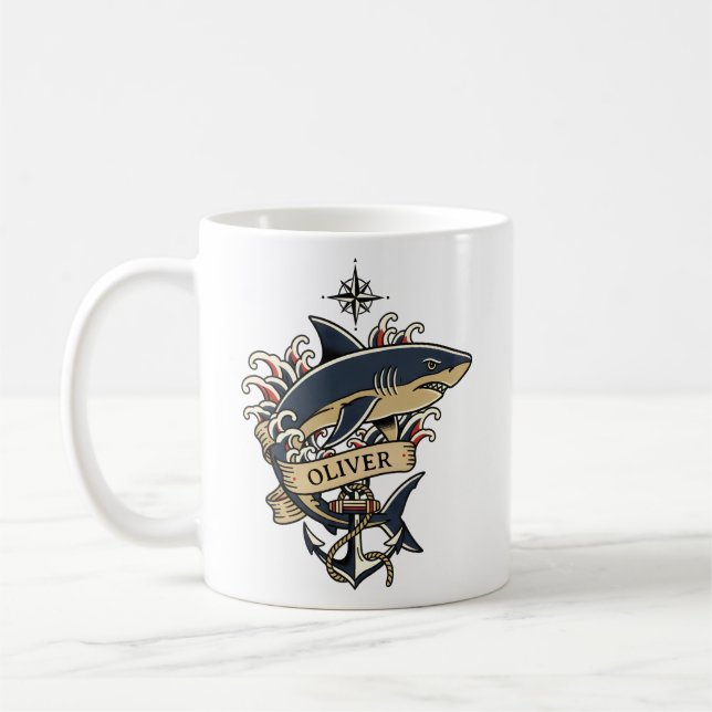 Mug Tatouage d'ancre nautique requin traditionnel vint (Gauche)