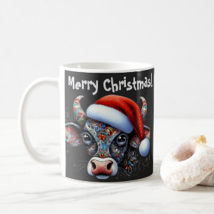 Mug Taureau de vache de Noël avec/Santa Hat Art folklo