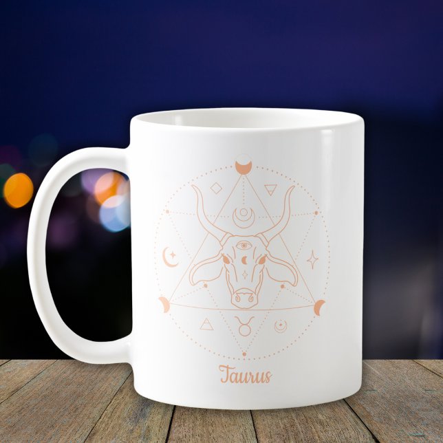 Mug Taureau Zodiaque Ligne d'Art Blanc Pêche (Créateur téléchargé)
