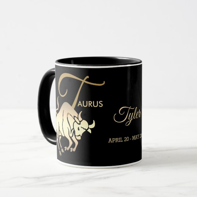 Mug Taurus ♉ signe d'anniversaire Zodiac / Noir et or (Devant gauche)