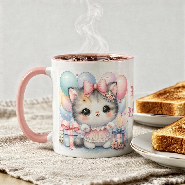 Mug Taza de Cumpleaños con Gatito y Globos  (Créateur téléchargé)