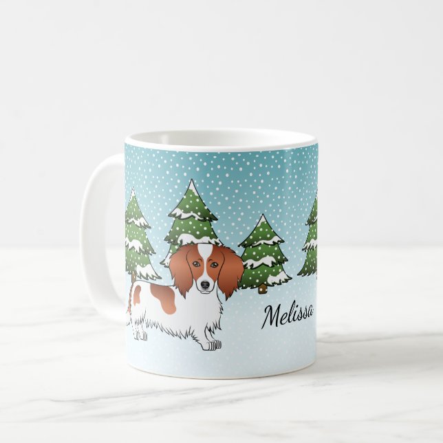 Mug Teckel à poil long pied rouge - Forêt d'hiver (Devant gauche)