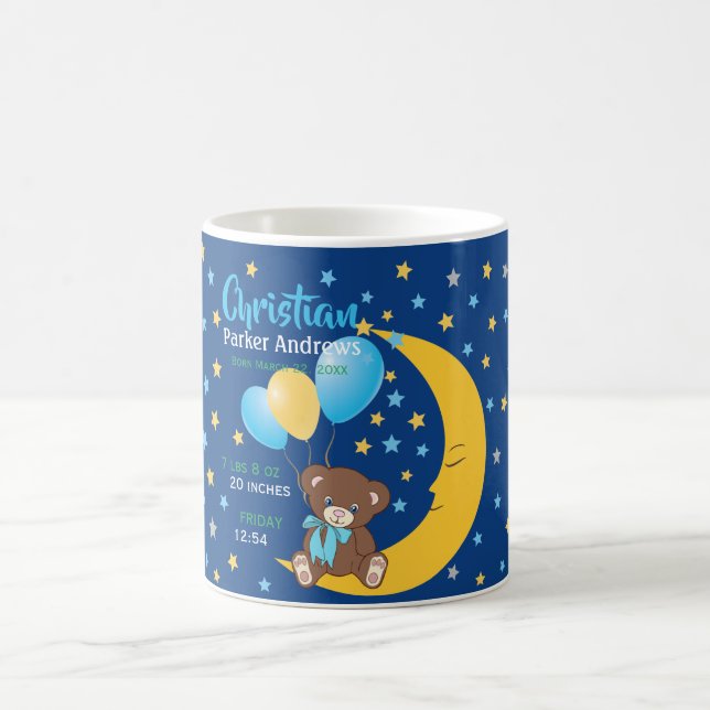 Mug Teddy Bear assis sur la Lune Baby Birth Statistiqu (Centre)