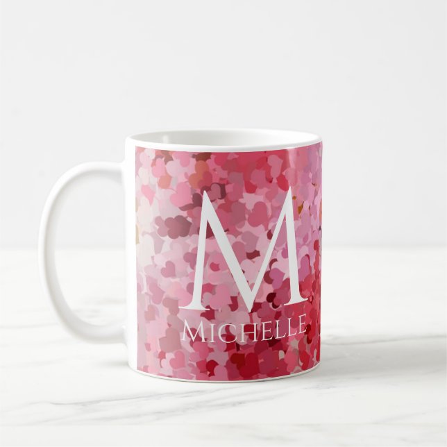Mug Tendance rose Coeurs rouges Modèle Monogramme init (Gauche)