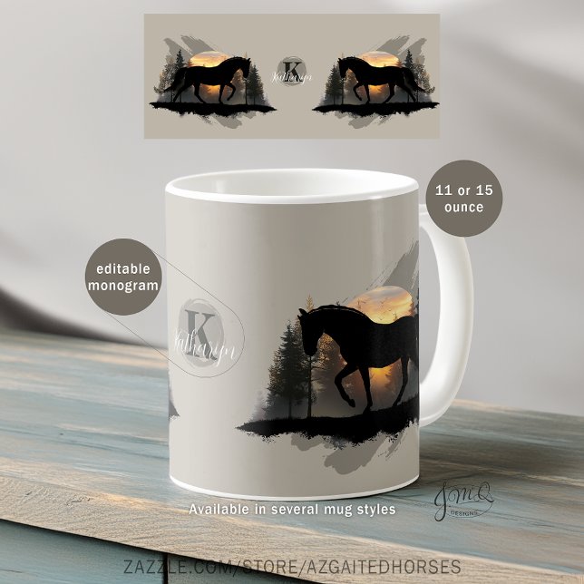 Mug Tennessee Walking Horse Sunset Silhouette Monogram (Mug design with black Tennessee Walking Horse silhouette in  front of a trees with sunset, monogram.)