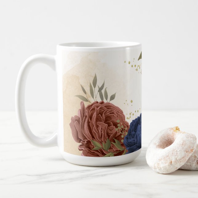 Mug terre cuite bleu marine floral verdure (Avec donut)