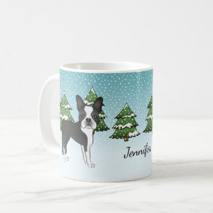 Mug Terrier de Boston noir dans une forêt hivernale &