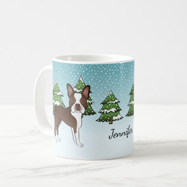 Mug Tervueren Boston Terrier dans une forêt hivernale  (Devant gauche)