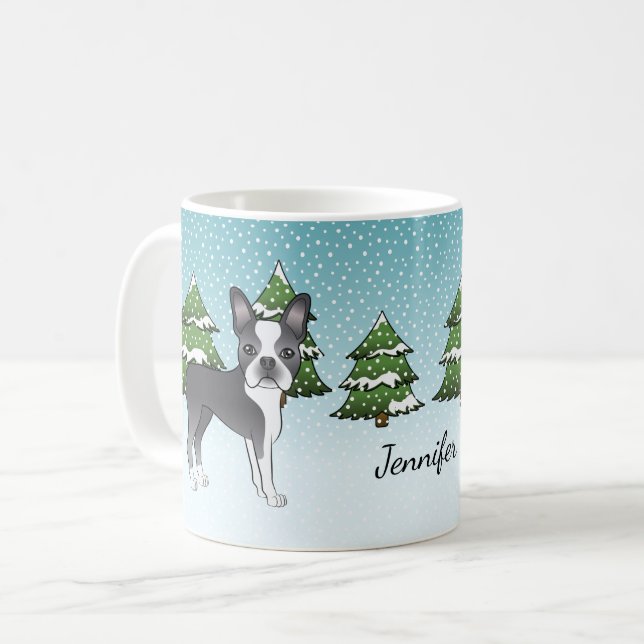 Mug Tervueren Boston Terrier dans une forêt hivernale  (Devant gauche)