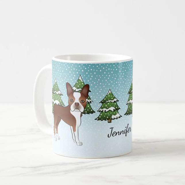 Mug Tervueren de Boston Rouge Dans une Forêt d'Hiver & (Devant gauche)