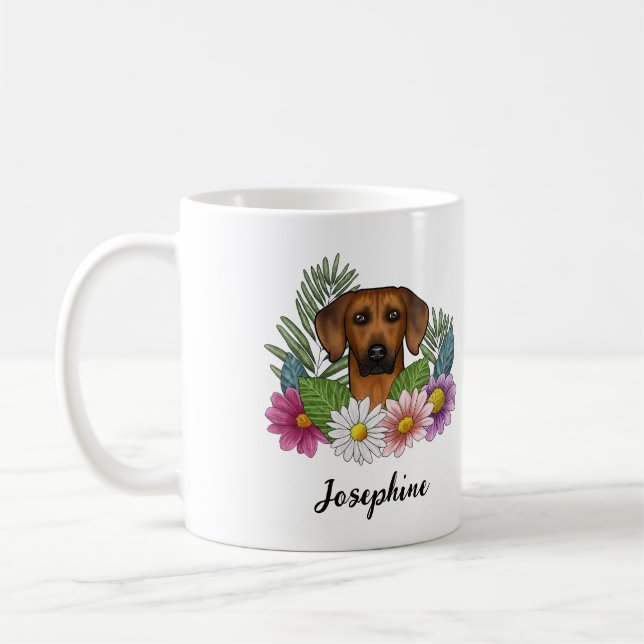 Mug Tête de chien Rhodesian Ridgeback Fleurs et nom (Gauche)